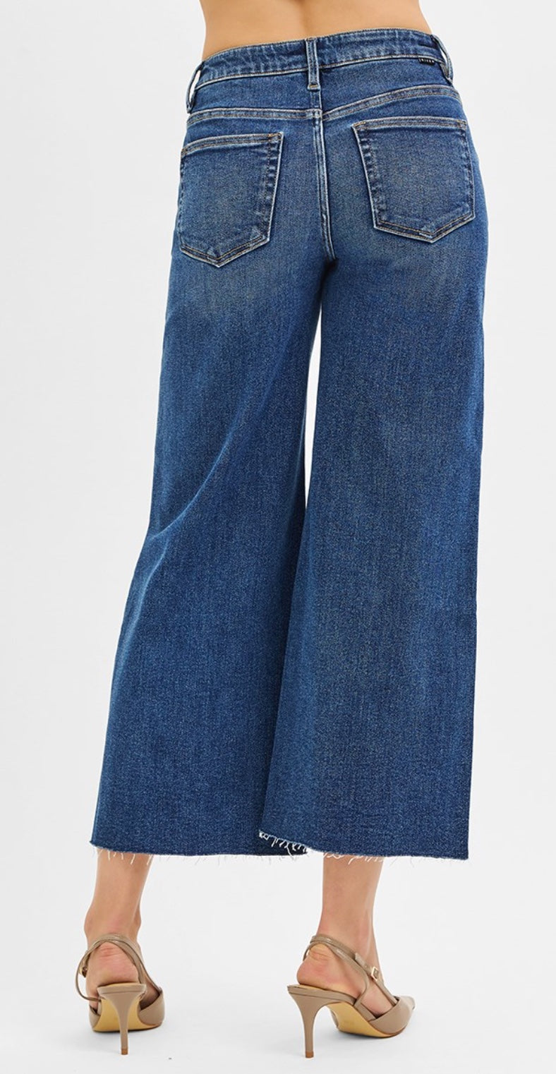 Risen Tummy Control Mid Rise Crop Wide Front Slit Jeans