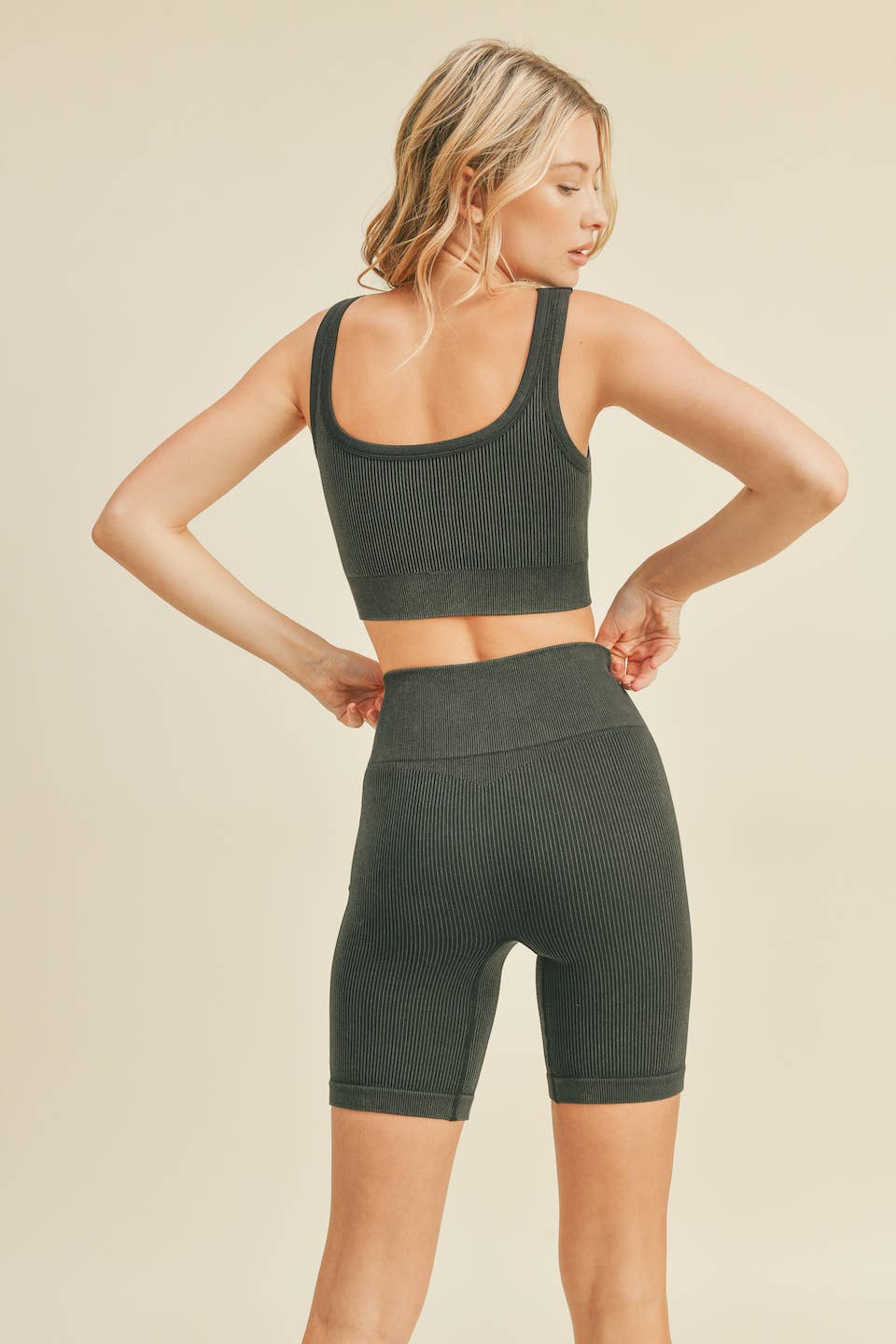 Black Ribbed Seamless Mineral Washed Bra & Biker Set