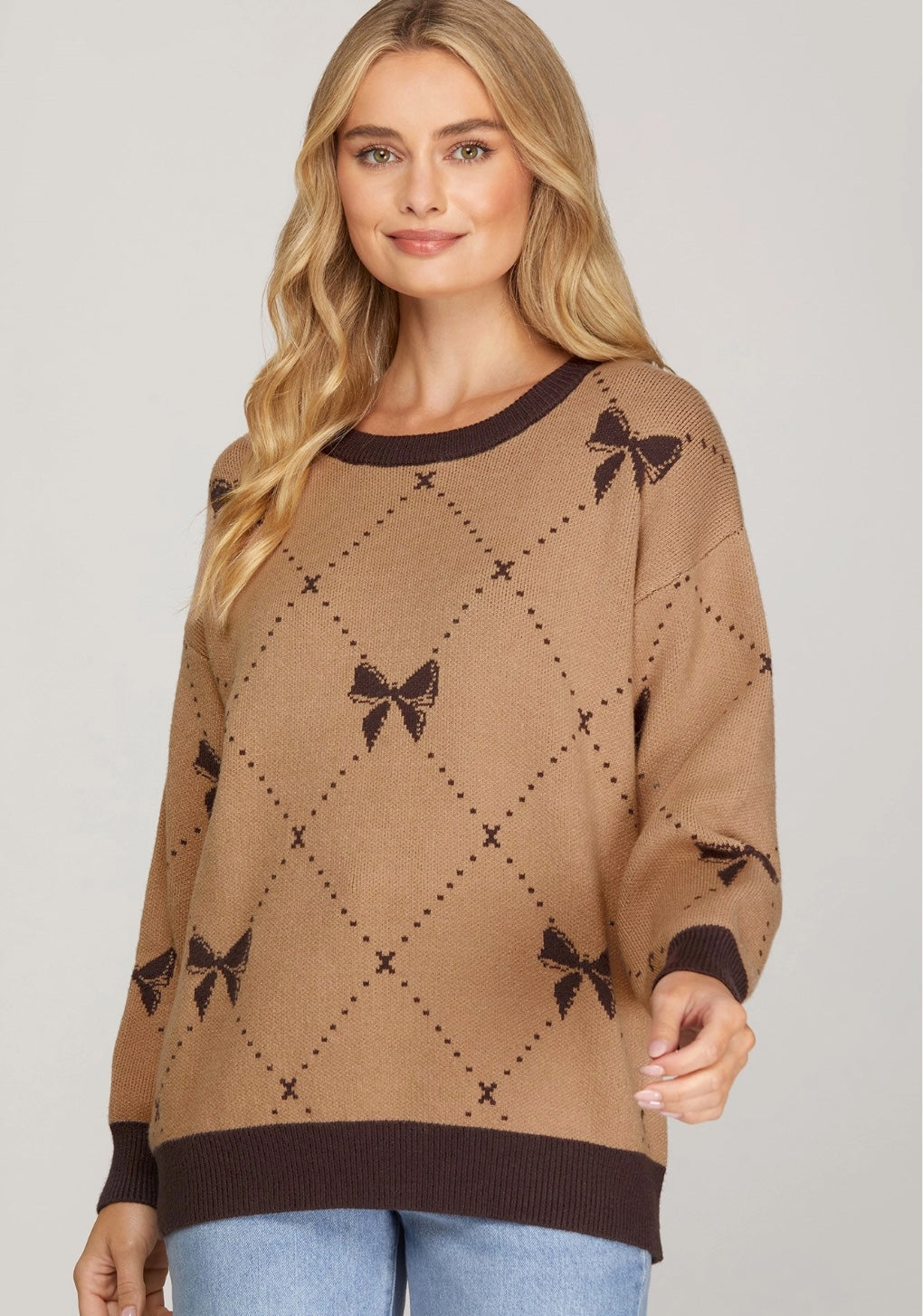 Long Sleeve Bow Pattern Sweater Top