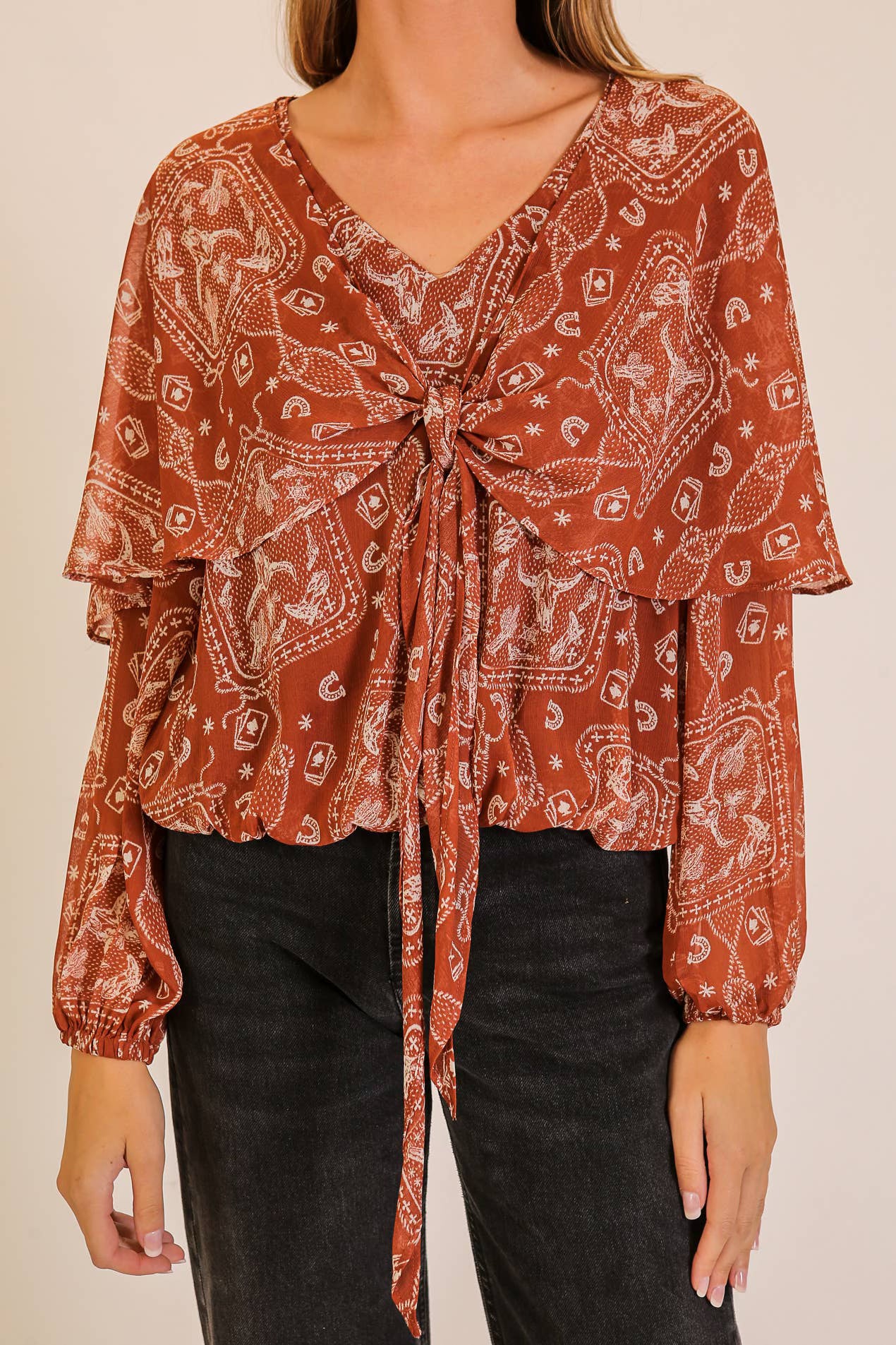 Western Bandana Print Cape-Sleeve Tie-Front Blouse