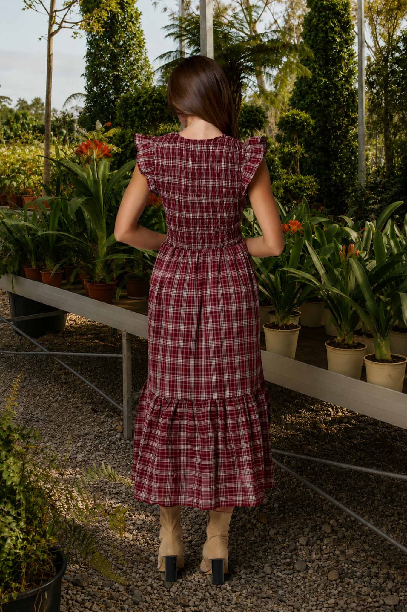 Plaid Smocked V Neck Button Down Ruffled Midi Dress
