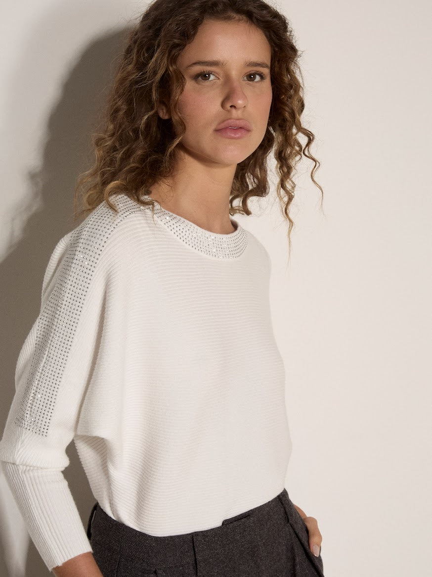 White ribbed jumper with diamante detail on neckline and sleeves