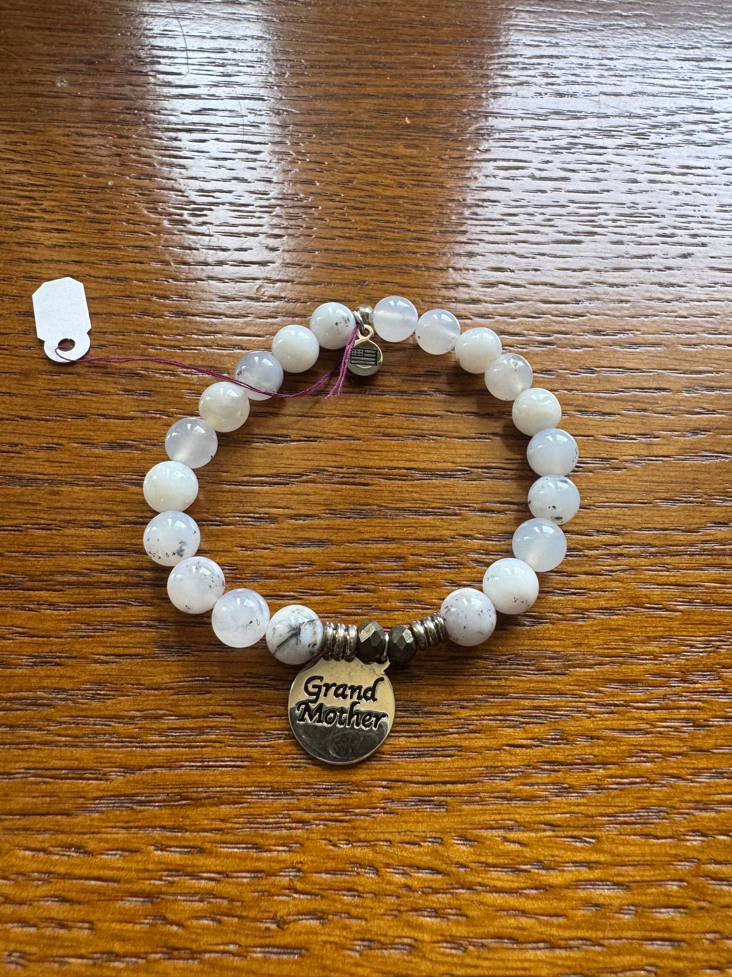 White Chalcedony Stone Bracelet with Grandmother Sterling Silver Charm