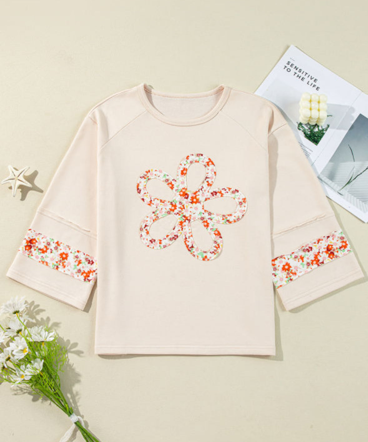 Beige Flower Patch Graphic Exposed Seam Wide Sleeve Top