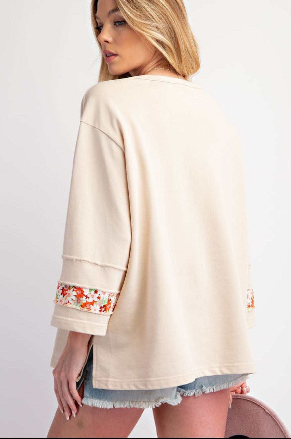 Beige Flower Patch Graphic Exposed Seam Wide Sleeve Top