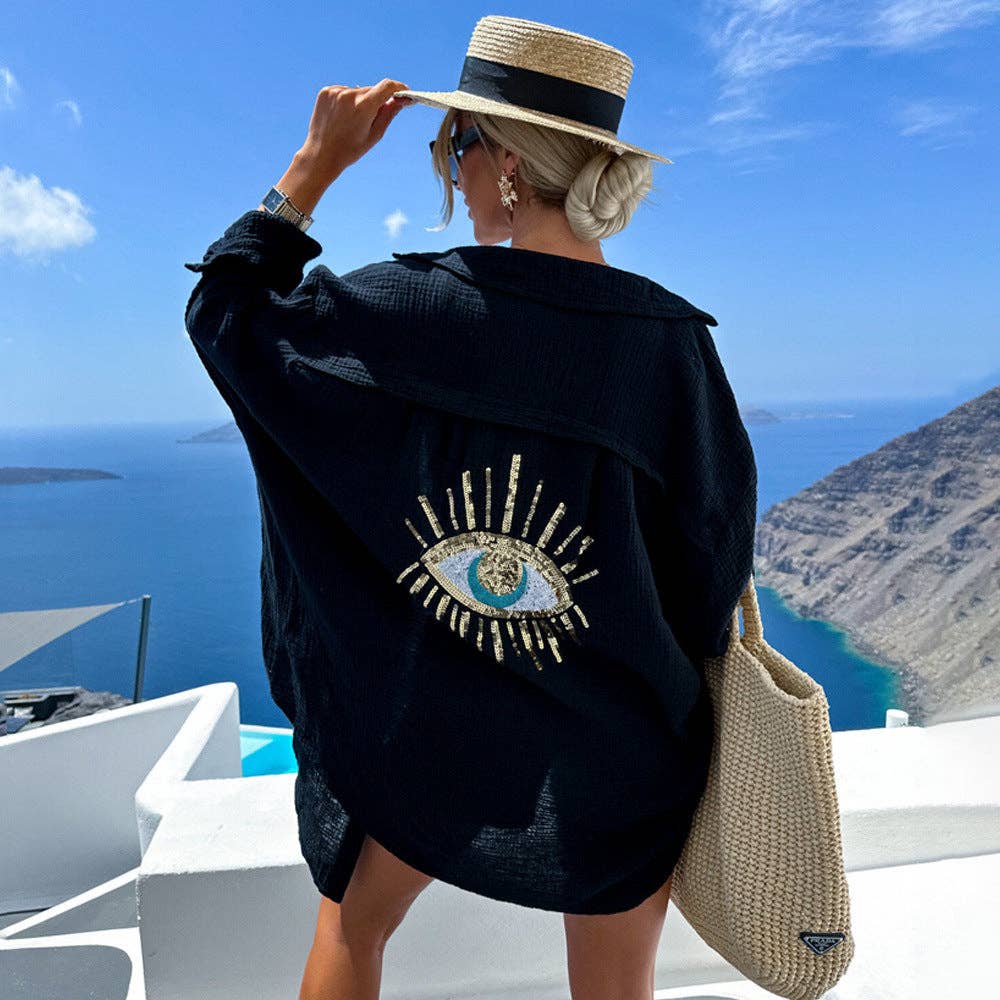 Sequins Evil Eye Long Sleeve Button Down/Cover-Up Top
