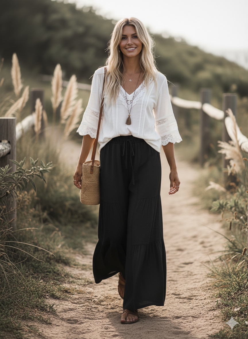 Sewn and Seen Linen Blend Tiered Wide Leg Palazzo Full Length Pants