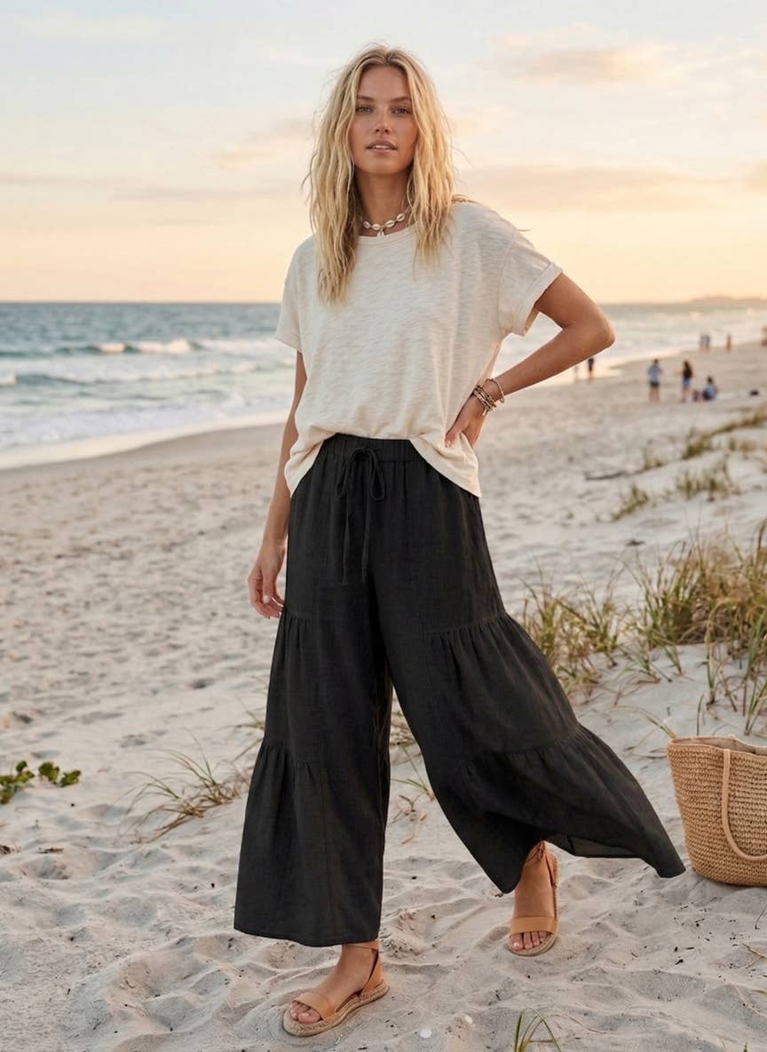 Sewn and Seen Linen Blend Tiered Wide Leg Palazzo Full Length Pants