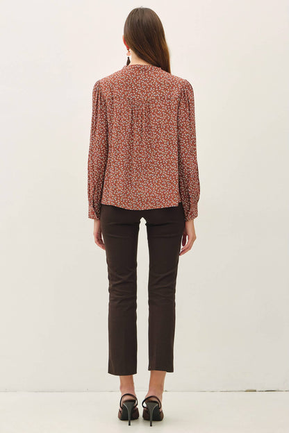 Floral Print Flowy Top with Tie Neckline Detail
