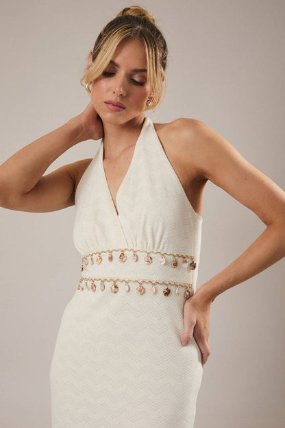 V NECK HALTER SHELL TRIM DETAILED DRESS