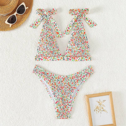Sweet Floral Print Strap Tie Swimwear