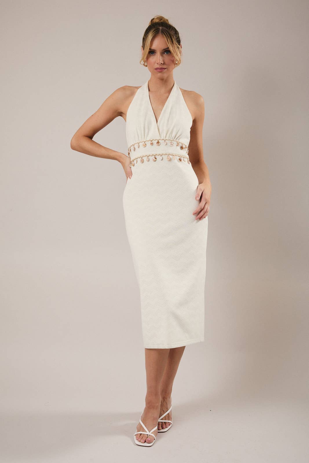 V NECK HALTER SHELL TRIM DETAILED DRESS
