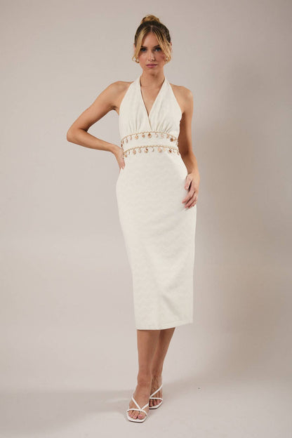 V NECK HALTER SHELL TRIM DETAILED DRESS
