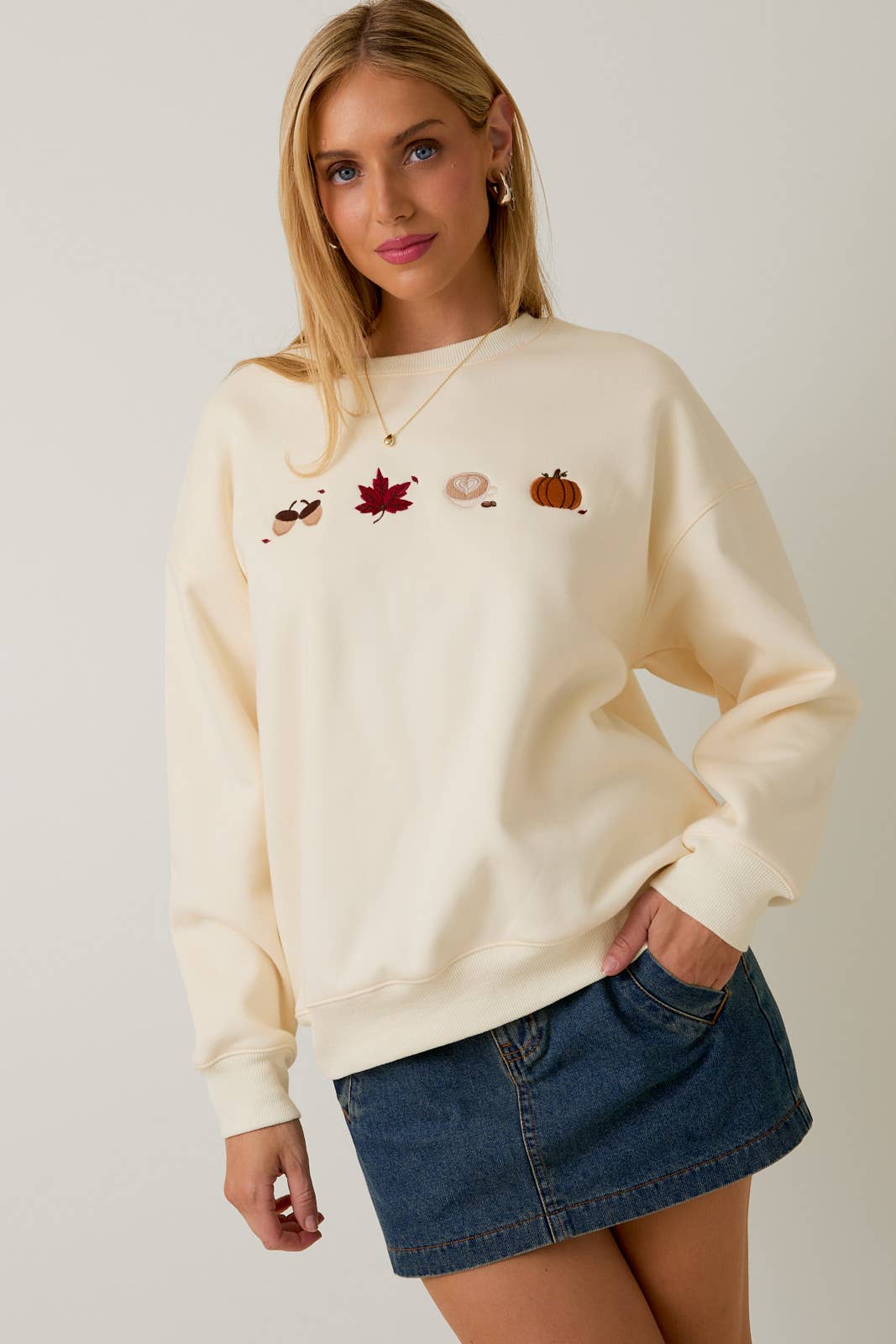 CREW NECK LONG SLEEVE FALL EMBROIDERY SWEATSHIRT