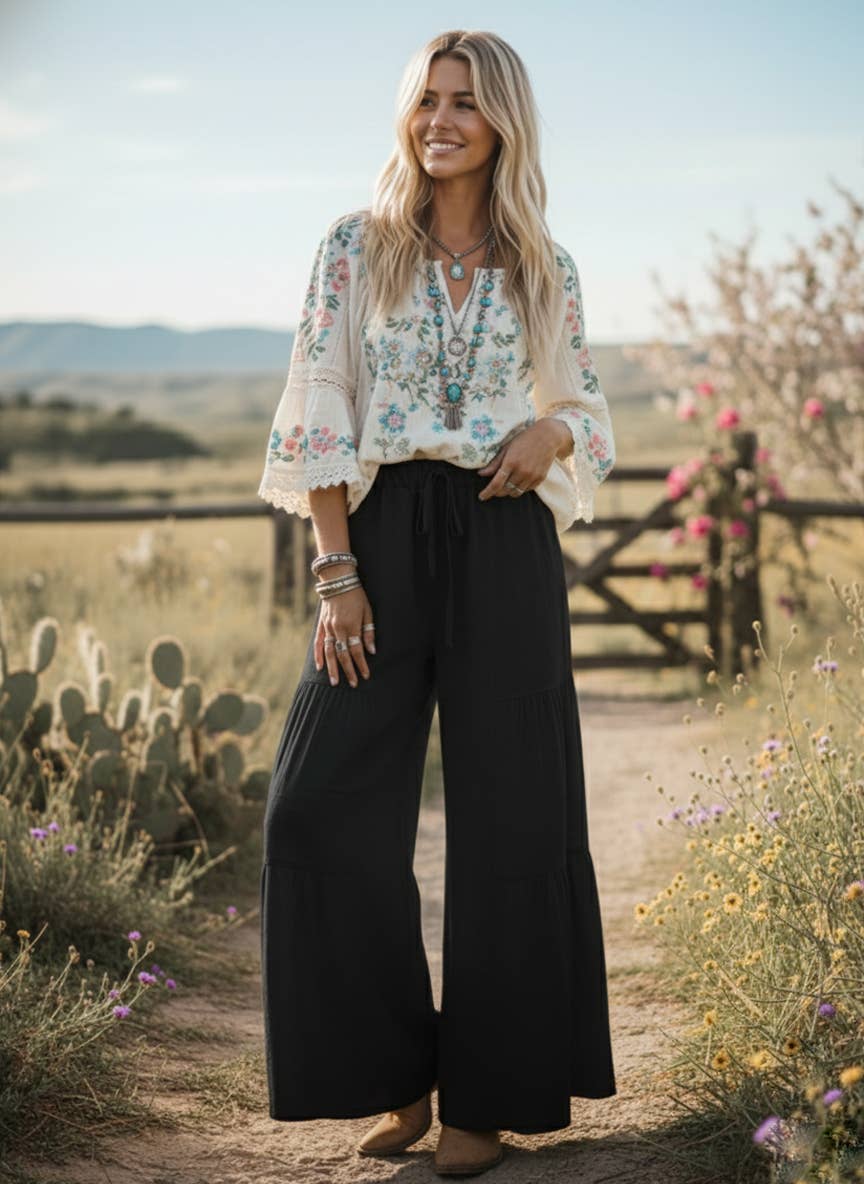 Sewn and Seen Linen Blend Tiered Wide Leg Palazzo Full Length Pants