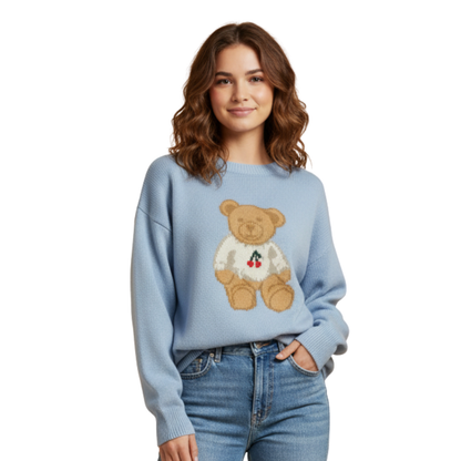Light Blue Cherry Teddy Bear Crewneck Sweater