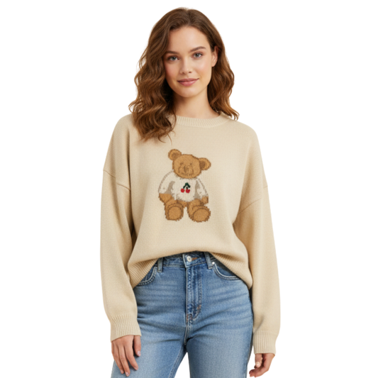 Ivory Cherry Teddy Bear Crewneck Sweater
