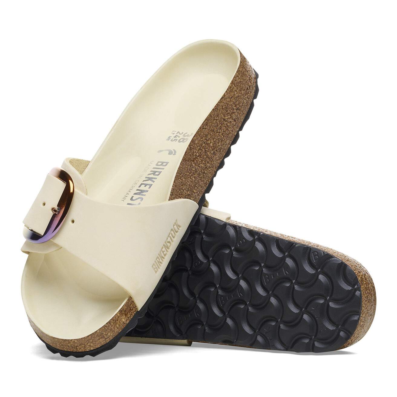 Birkinstock Madrid Big Buckle Natural Leather Patent in High Shine Ecru