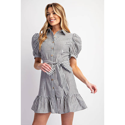 COTTON STRIPED BELTED SHIRT DRESS