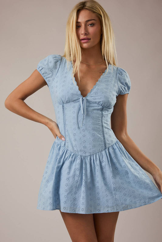 CAP SLEEVE SCALLOP V-NECK DROP WAIST MINI DRESS