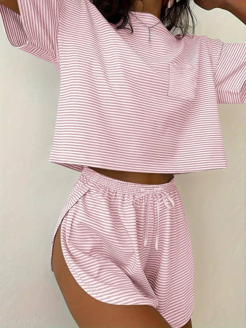 Two Piece Lounge Pajama Set Tee Top Drawstring Shorts