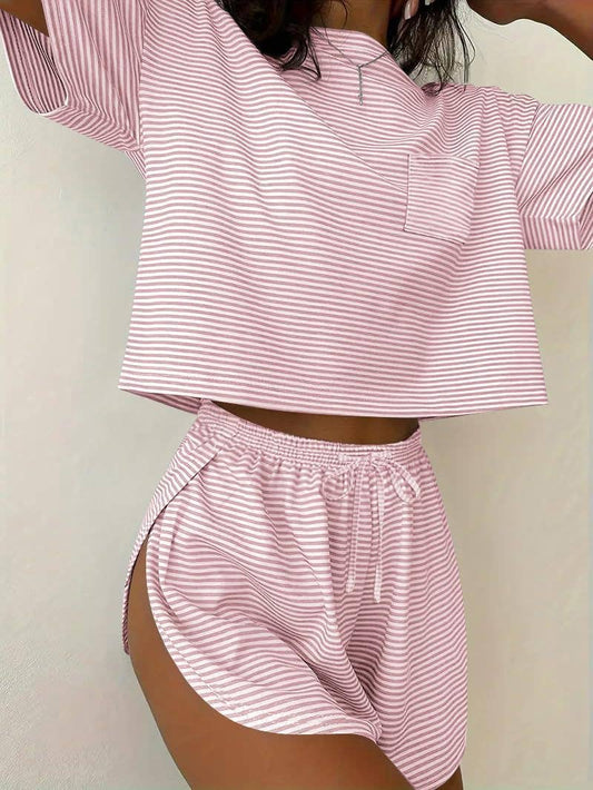 Two Piece Lounge Pajama Set Tee Top Drawstring Shorts