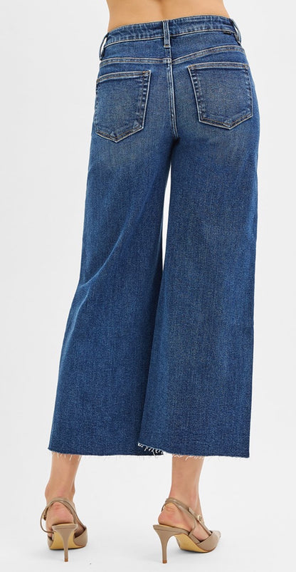 Risen Tummy Control Mid Rise Crop Wide Front Slit Jeans