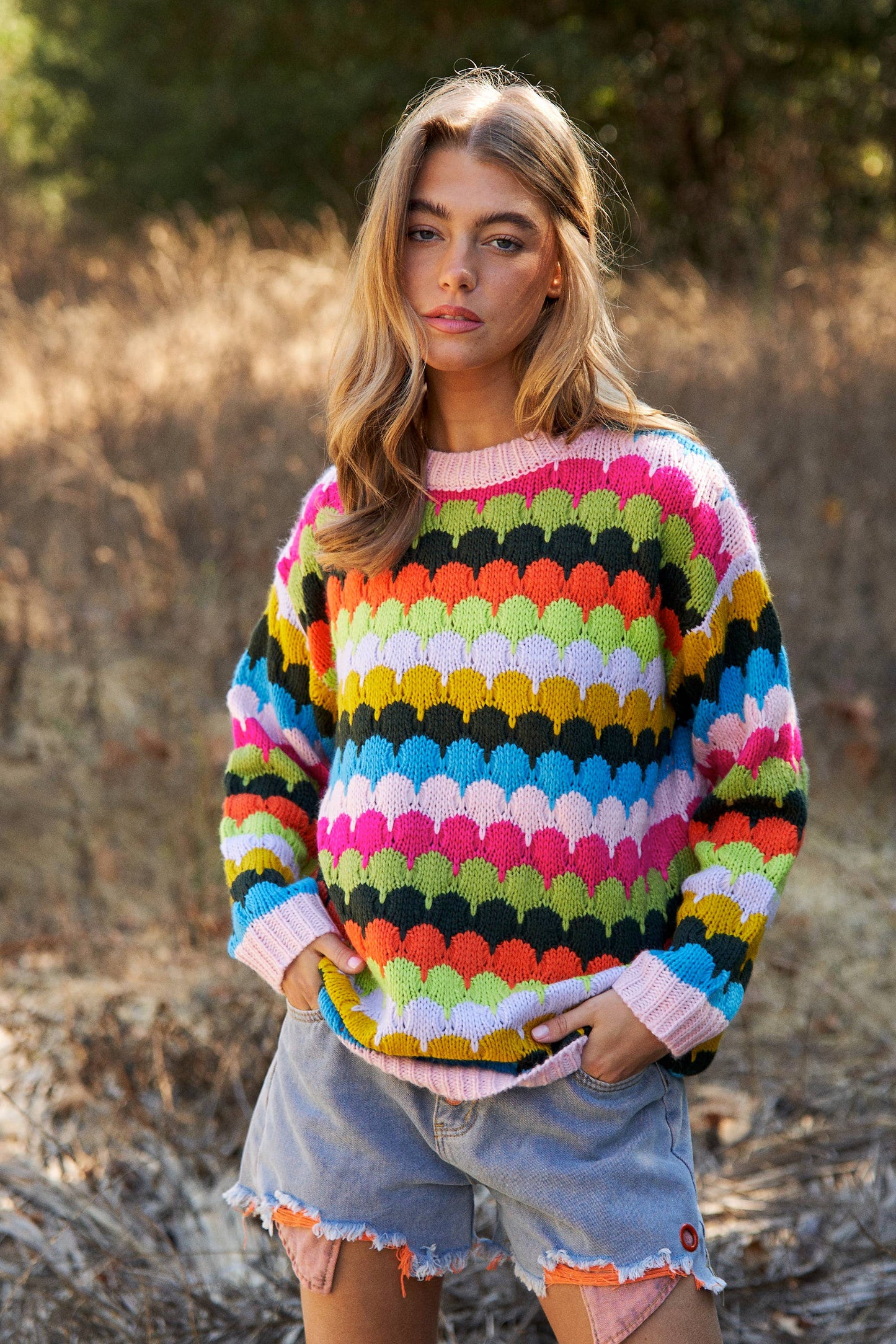 Fish Scales Multicolor Design Knit Sweater