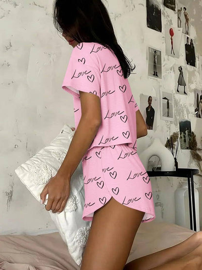 Two Piece Lounge Pajama Set Tee Top Drawstring Shorts