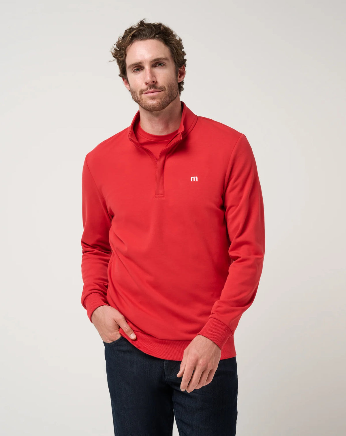 Travis Mathew Cloud Quarter Zip 2.0 in red with white logo