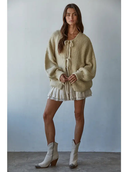 Knit Sweater Tie Front Cardigan Top | Wool Blend