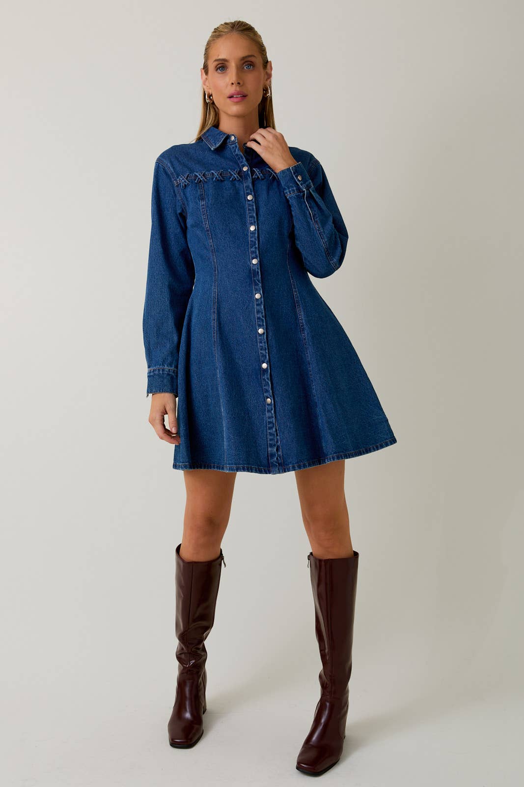 WIDE SHOULDER LONG SLEEVE FIT & FLARE DENIM MINI DRESS