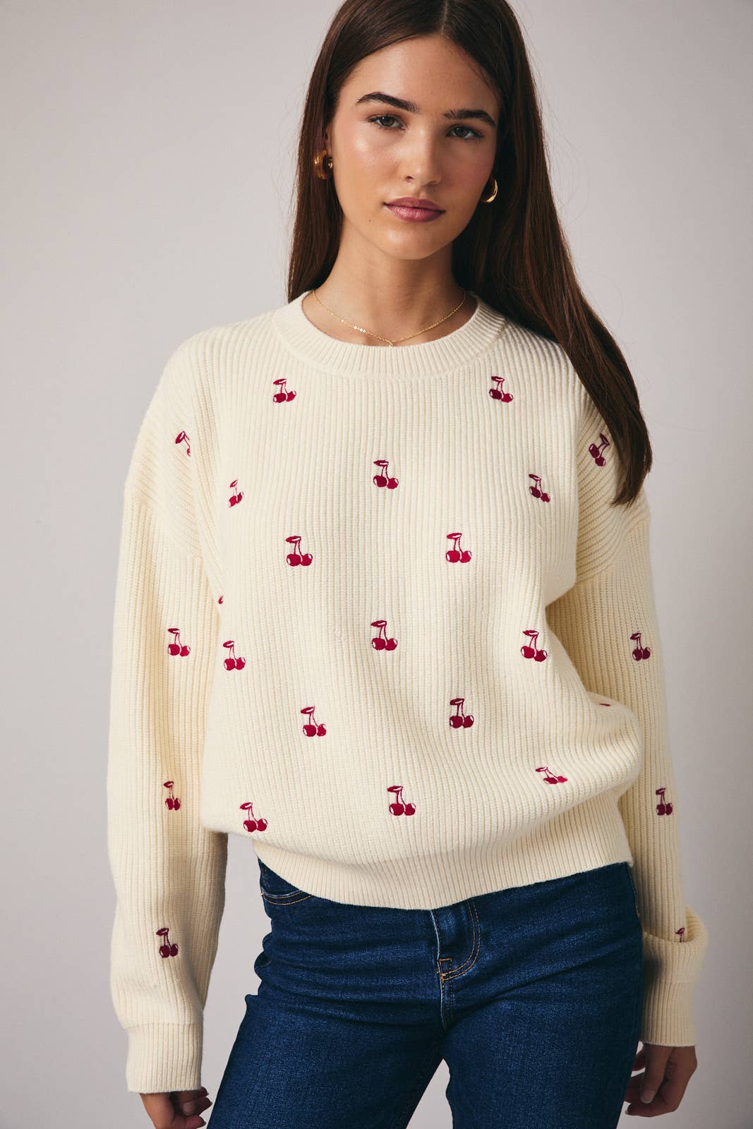 Sunday Edition Round Neck Long Sleeve “Cherry” Embroidered  Sweater