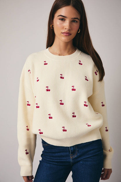 Sunday Edition Round Neck Long Sleeve “Cherry” Embroidered  Sweater