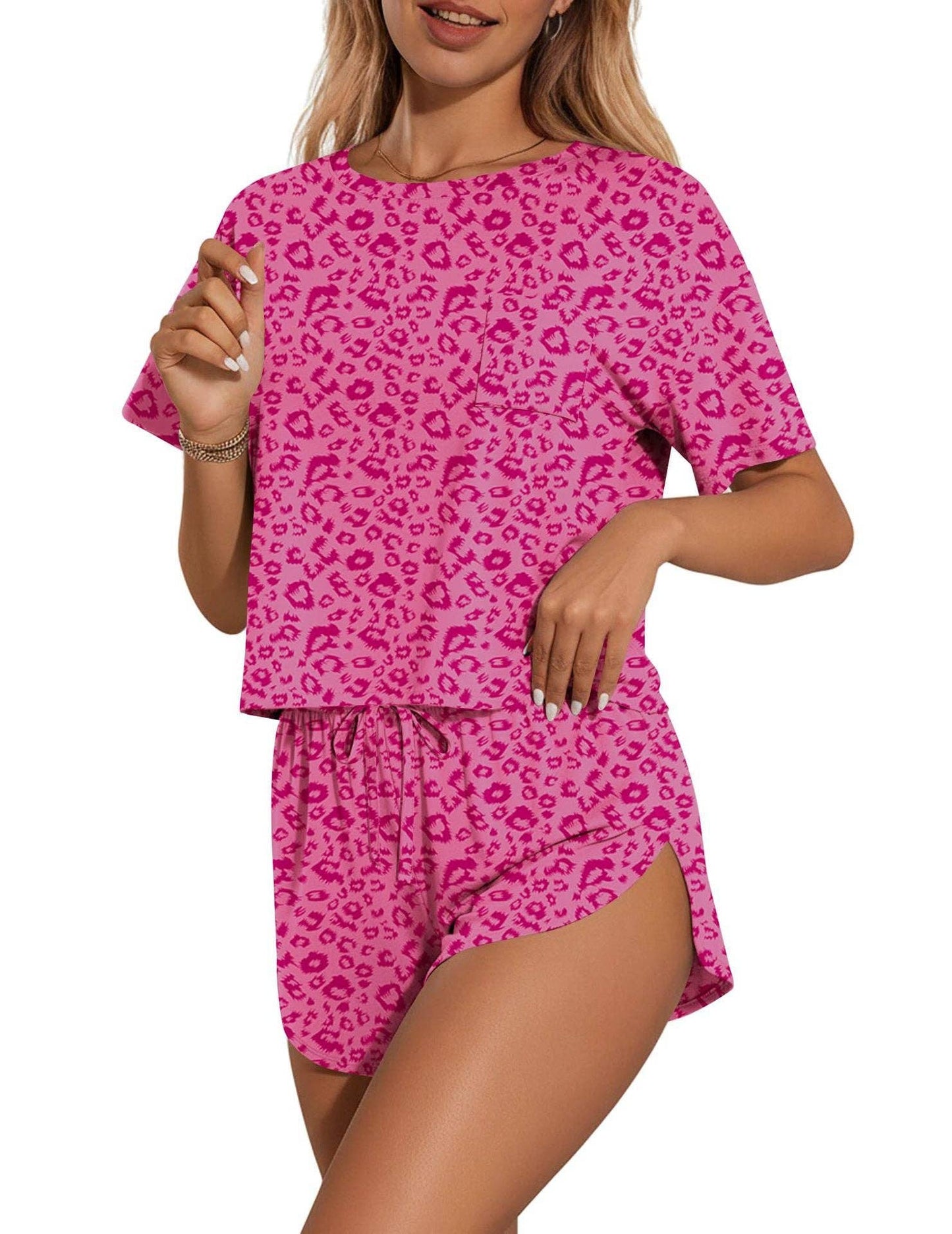 Two Piece Lounge Pajama Set Tee Top Drawstring Shorts