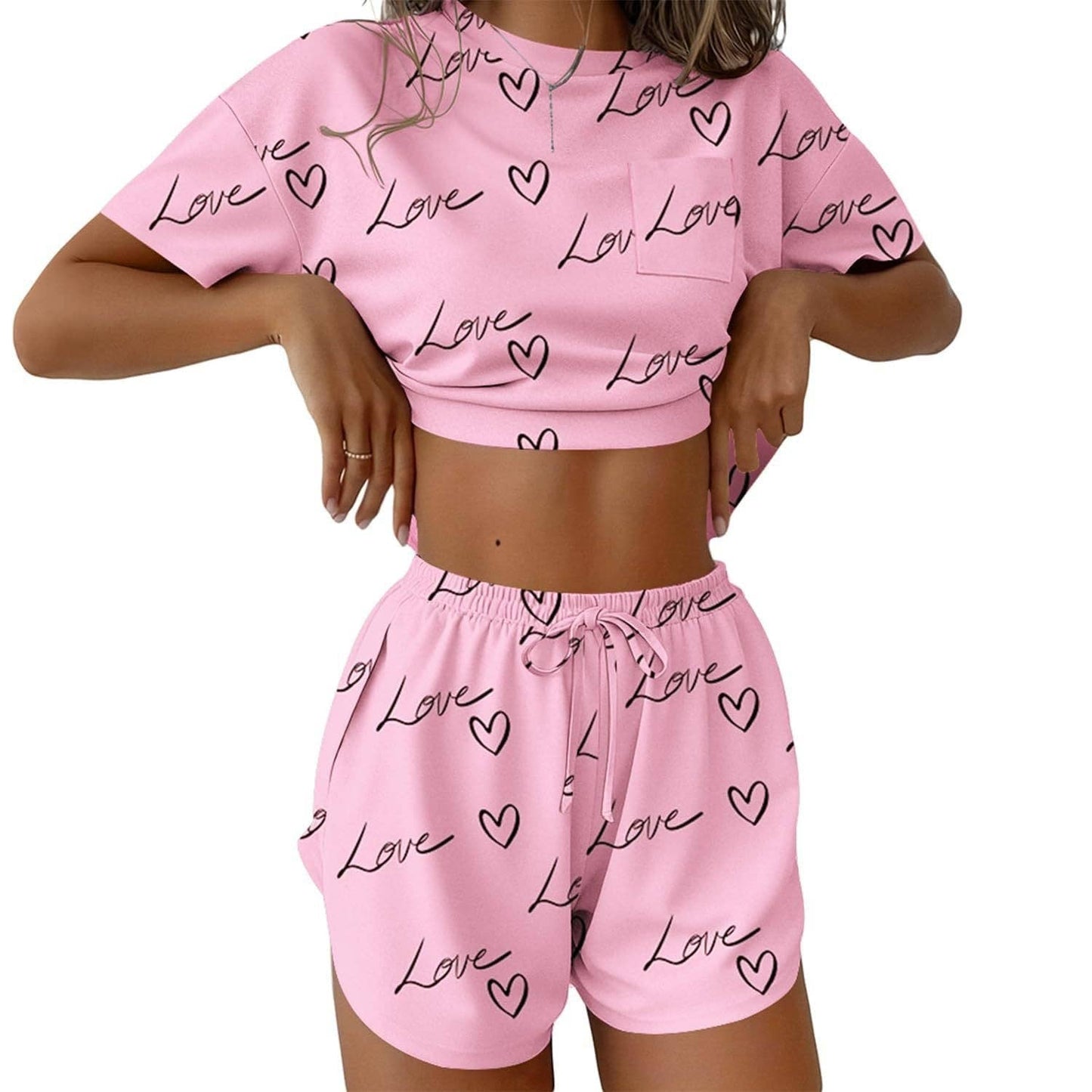Two Piece Lounge Pajama Set Tee Top Drawstring Shorts