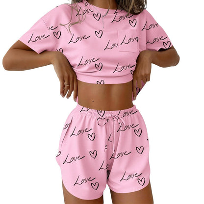 Two Piece Lounge Pajama Set Tee Top Drawstring Shorts