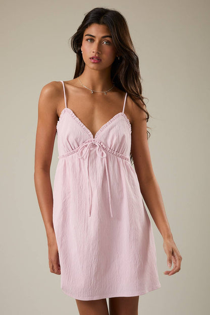 RUFFLE DETAIL SPAGHETTI STRAP SLEEVELESS A-LINE MINI DRESS