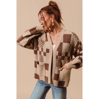 So Me Checkered Open Front Cardigan with Pockets