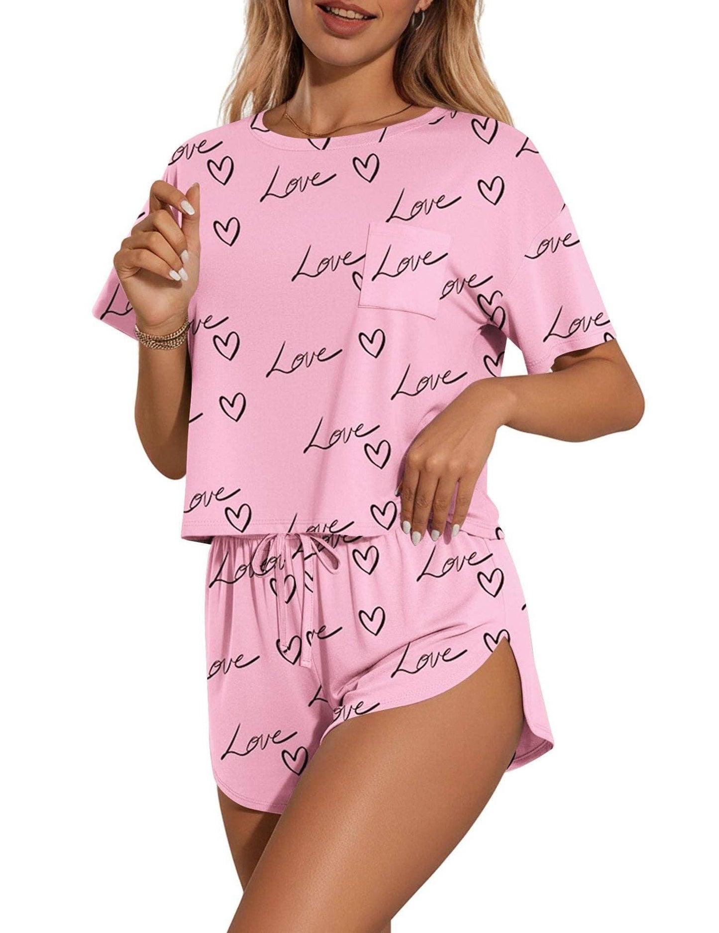 Two Piece Lounge Pajama Set Tee Top Drawstring Shorts