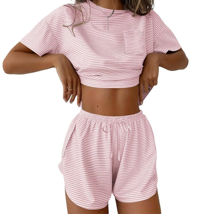 Two Piece Lounge Pajama Set Tee Top Drawstring Shorts