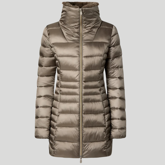 Save the Duck Caroline Longline Puffer Jacket with Faux-Fur Collar - Mud Grey