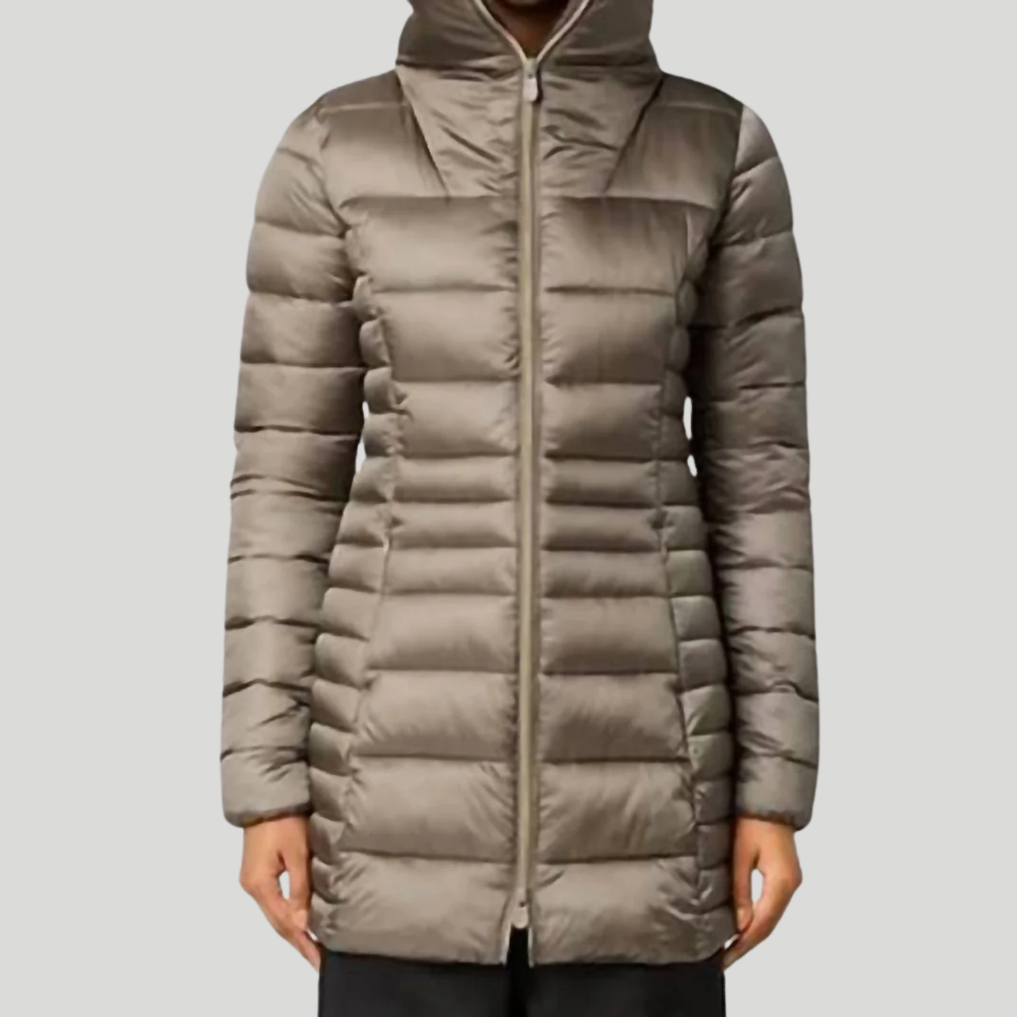 Save the Duck Caroline Longline Puffer Jacket with Faux-Fur Collar - Mud Grey