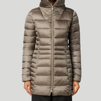 Save the Duck Caroline Longline Puffer Jacket with Faux-Fur Collar - Mud Grey