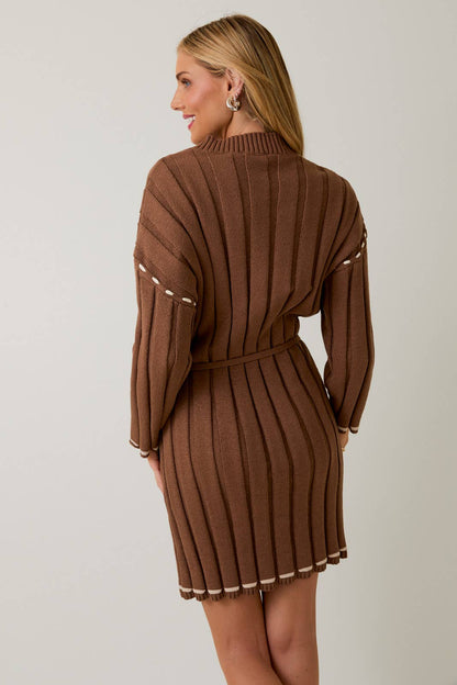 3/4 SLEEVE STITCH DETAIL MINI SWEATER DRESS