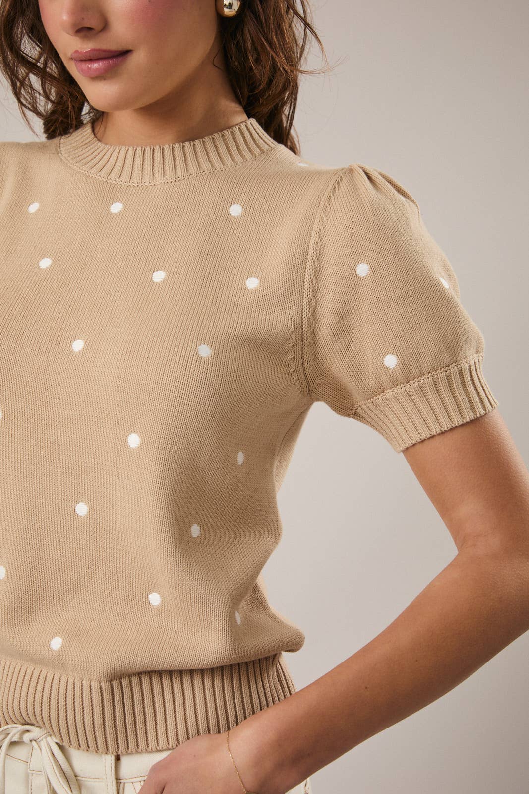 Sunday Edition - Round Neck Puff Short Sleeve “Polka Dot” Embroidered Sweater