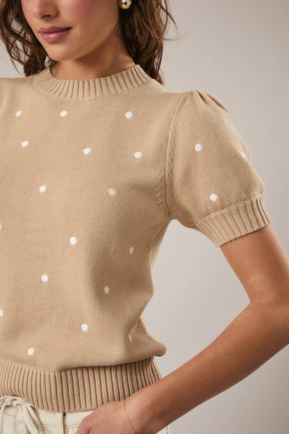 Sunday Edition - Round Neck Puff Short Sleeve “Polka Dot” Embroidered Sweater