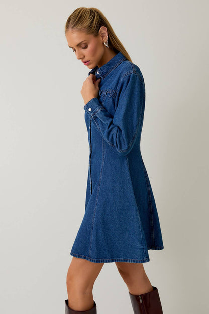 WIDE SHOULDER LONG SLEEVE FIT & FLARE DENIM MINI DRESS