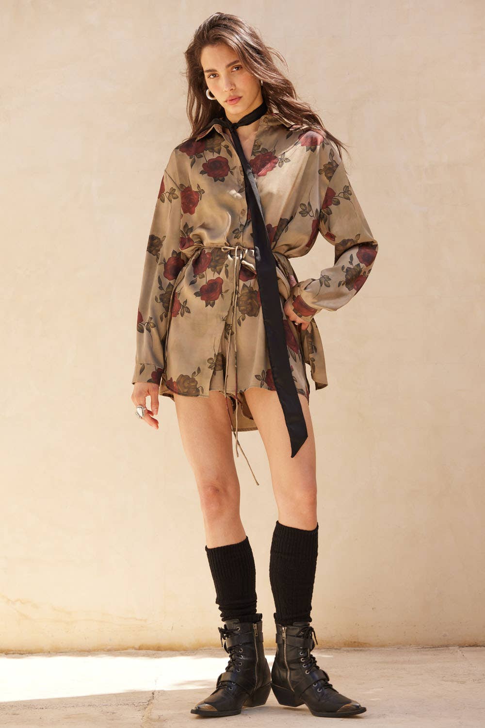 Floral-Print Satin Belted Button-Up Shirt Romper