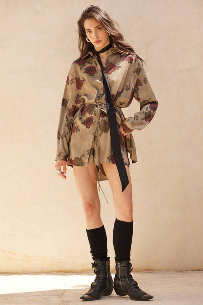 Floral-Print Satin Belted Button-Up Shirt Romper